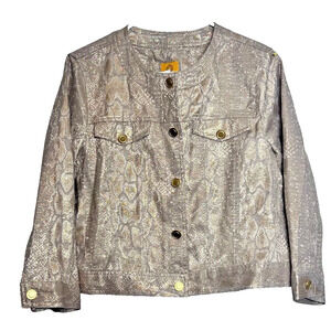 Ruby Rd Gold Metallic Snakeskin Print Jacket Womens Size 10 Brocade Blingy Retro